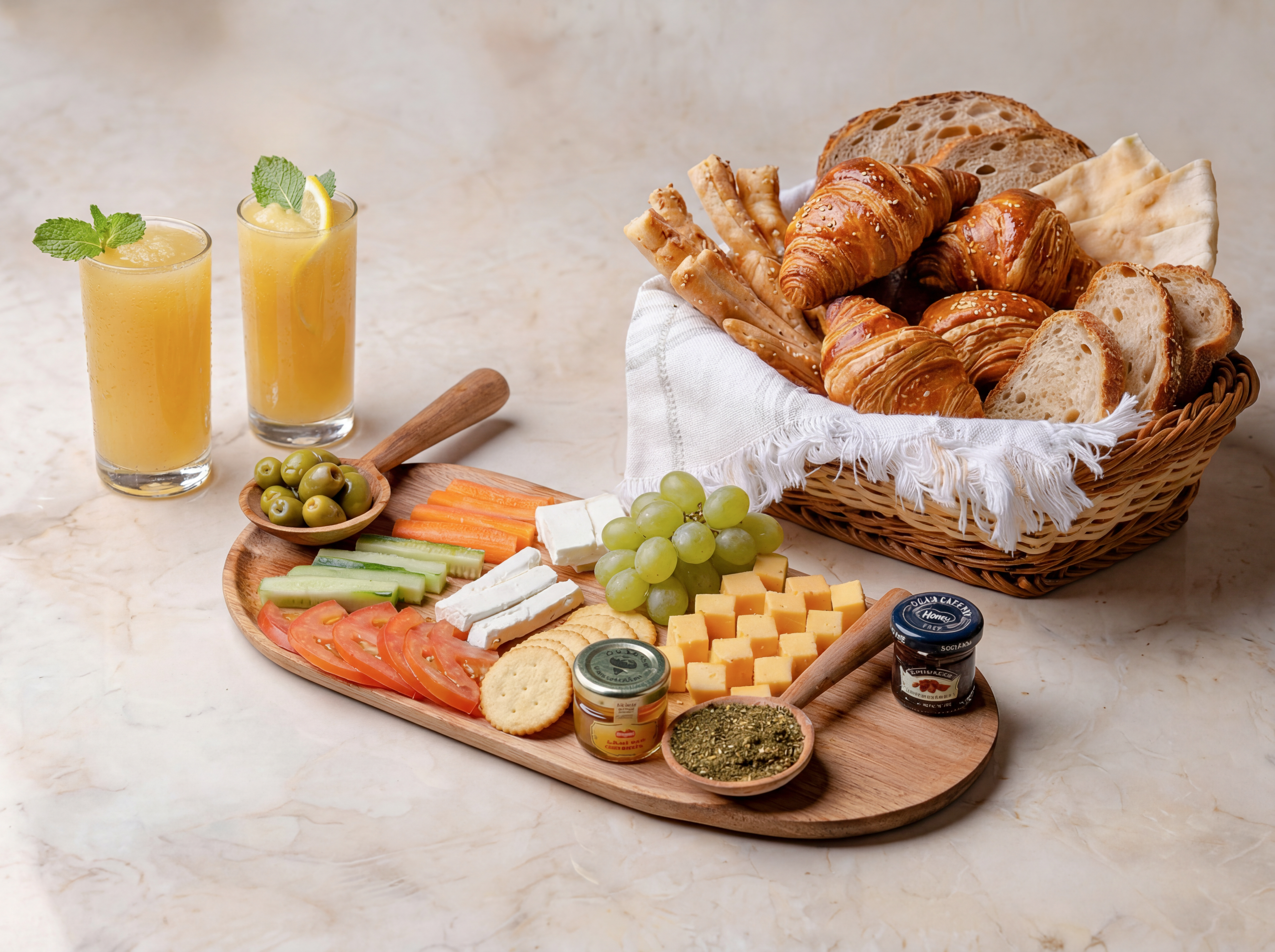طبق أجبان مع سلة كرواسون